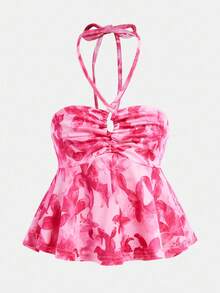 Tween Girl Pink Tankini Swimsuits,Tie Dye Floral Print Boho Summer Beach Vacation Bathing Suit,Drawstring Ruched Halter Backless Snug Fit Tank Top - Watermelon Pink - View 1