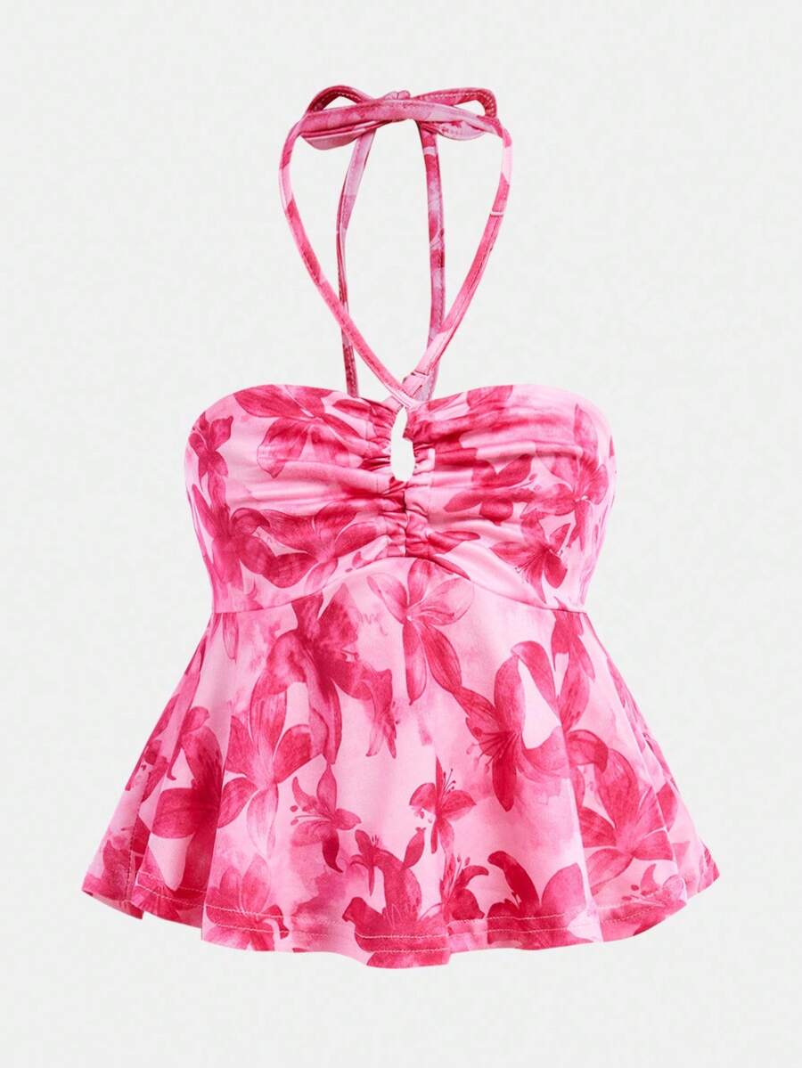 Tween Girl Pink Tankini Swimsuits,Tie Dye Floral Print Boho Summer Beach Vacation Bathing Suit,Drawstring Ruched Halter Backless Snug Fit Tank Top - Watermelon Pink - View 1