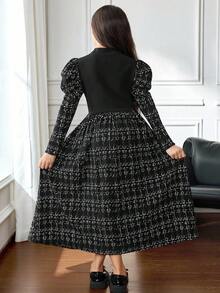 Tween 女童休闲都市优雅中式领羊腿袖褶饰连衣裙，长袖派对连衣裙，休闲街头连衣裙，黑色 - 黑色 - 查看 2
