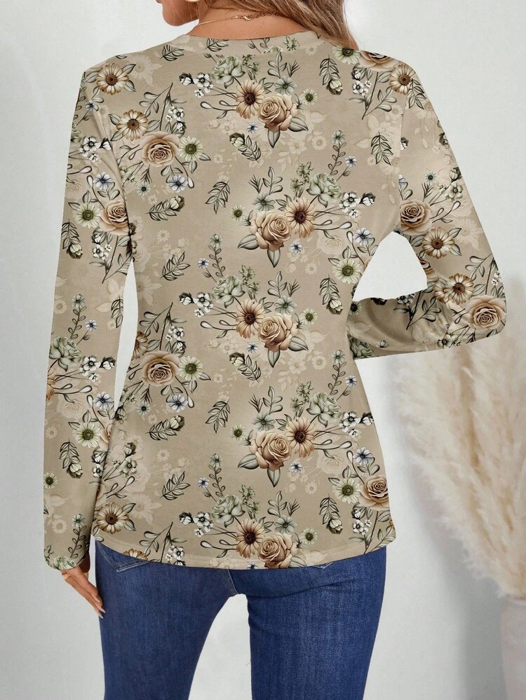 Women's V-Neck Floral Print Casual Long Sleeve T-Shirt, Spring/Autumn V Neck Blouses For Women Floral Tops For Women Fall Tops Women V Neck Tops Flower Top