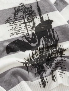 ROMWE MEN Goth Áo len cổ tròn tay dài họa tiết dơi sọc thường ngày cho nam, mùa thu/đông - Xám - Xem 3