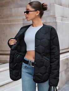 EURMUSE Short Winter Coat With Quilting Details, Two Pockets Button Front Fashionable Padded Coat - Black - View 3