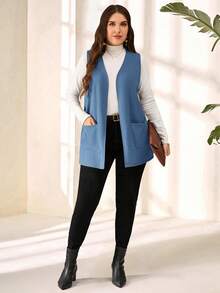 EMERY ROSE 大码纯色无袖宽松口袋简约休闲夹克，春夏，夏季服装，度假装女士/秋冬度假装 - 藍色 - 查看 3