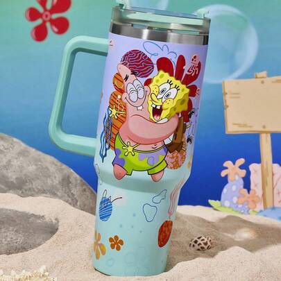 SpongeBob SquarePants | SHEIN 40 Oz / 1000 Ml Cartoon Pattern Gradient Stainless Steel Insulated Cup With Handle And Straw