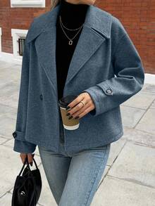 EMERY ROSE Women's Oversized Collar Decorated Button Long Sleeve Overcoat - Teal Blue - View 6