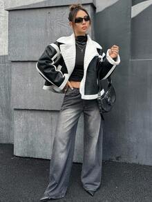 SHEIN ICON Damen Schwarze und Weiße Lässige Locker Kragen Langarm Einreihige Jacke, Herbst/Winter - Schwarz und Weiss - Übersicht 5