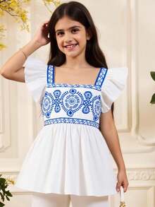 Tween Girl Vacation Casual Blue Printed Ruffle Trim Blouse - White - View 3