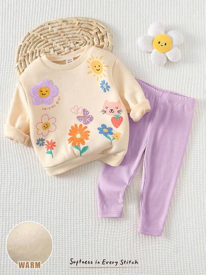 Cozy Pixies 2 件套女婴花卉印花针织柔软圆领长袖套头衫和松紧腰裤套装