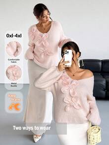 Firerie Maglione lavorato a maglia con maniche lunghe, scollo a V, comodo e morbido, decorato con fiori rosa, adatto per San Valentino, concerti, performance, appuntamenti, cene formali, gala, matrimoni, sexy, elegante, pendolarismo, ritorno a scuola, vacanze, spiaggia, romantico e grazioso, chic da ufficio, stile sirena, feste di compleanno in autunno/inverno - Rosa - Visualizzare 2