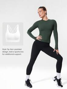 GLOWMODE Fleece Slim Fit Warm Hip Length Long-Sleeve Top With Thumbholes Running Jogging Hiking Gym Training Daily Active Wear - Green - View 6