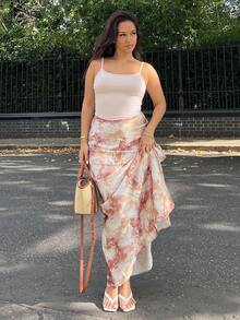 NegzBox 女士优雅百搭 A 字型中长裙，搭配圆点印花缎面长裙，女士服装 - 咖啡棕 - 查看 3