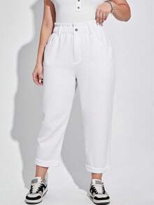 SHEIN ICON 加大尺碼女士休閒錐形牛仔褲，褶邊修邊及腰內袋設計