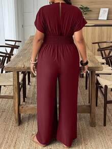 SHEIN PETITE CURVE 大码纯色束腰连体裤，休闲度假装 - 酒紅色 - 查看 2