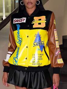 Slaydiva Áo khoác bóng chày phong cách Punk dạo phố hàng ngày, câu lạc bộ đêm, phong cách đầu thu mới 2025, logo họa tiết cổ điển, vai trễ, tay dài, dáng rộng, màu nâu đen và vàng, in họa tiết PU cho nữ - A - Nhiều màu - Xem 8