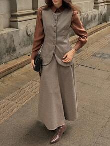 DAZY 2件套女士千鸟格无袖夹克和A字裙休闲套装，秋冬 - 棕色 - 查看 3