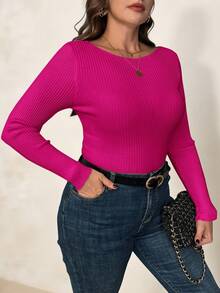 SHEIN Clasi Áo len cổ tròn tay dài màu mơ cỡ lớn cho nữ, áo chui đầu thiết yếu cho mùa thu/đông - Màu Hồng Tươi - Xem 3