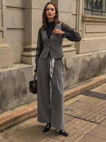 DAZY 2 件套女士人字纹羊毛 V 领无袖背心夹克和阔腿裤休闲套装，秋冬 - 灰色 - 查看 5