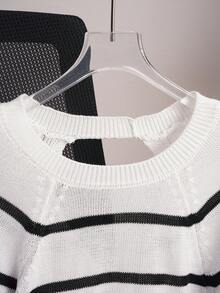 SHEIN Unity New Arrival Round Neck Black & White Striped Lantern Sleeve Backless Bowknot Fashionable Urban Sexy Women Sweater Fall Winter Cloth For Women - Black and White - View 5