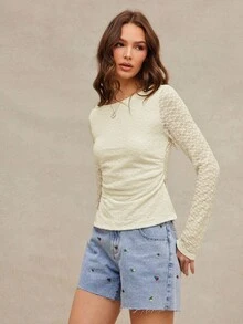 WESTFADE Western Cowgirl Lace Boatneck Ruched Split Side Semi Sheer Fitted Long Sleeve T-Shirt Spring Break - Apricot - View 4