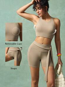 VARSITIE Workout Women Sets Women's Solid Color Round Neck Cropped Tank Top And Tie Waist Shorts Sports Set Beige Workout Set Yoga Two Piece Set Active Two Pieces Set Two Pieces Workout Set