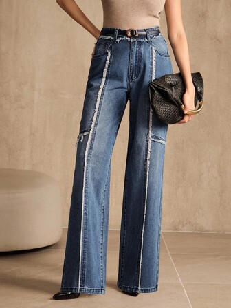 SHEIN X Jwoww Anewsta 复古拼布女式直筒蓝色牛仔裤