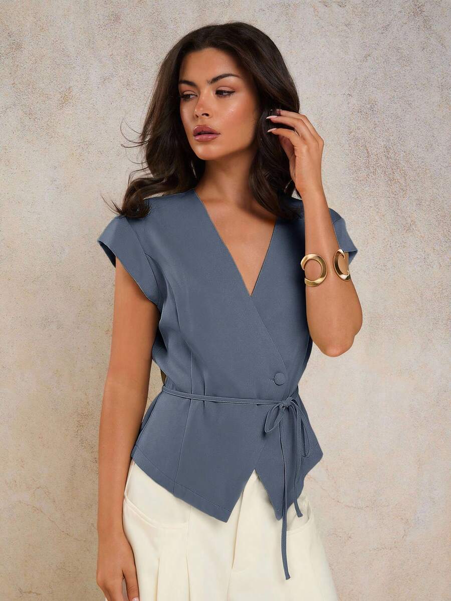 COSMINA Áo hai dây cổ chữ V thanh lịch dành cho nữ, Xuân/Hè - Màu xanh lam - Xem 1