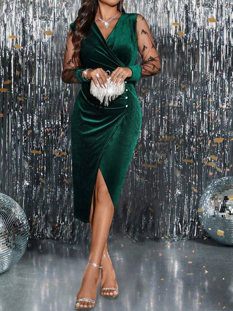 green dress shein SHEIN Belle Elegant And Romantic Sage Green V-Neck Tulle Bridesmaid Dress  Woman Formal Ball Gown, For Christmas