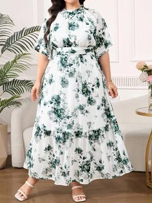 SHEIN Clasi Váy voan nữ cỡ lớn, Váy dài mùa hè màu xanh lá cây nhạt thanh lịch với tay áo ngắn, viền xếp nếp lãng mạn Váy hoa cỡ lớn Váy mùa hè cỡ lớn Váy nghỉ mát cỡ lớn Váy mùa hè cong Váy dự tiệc ngoài vườn - Nhiều màu - Xem 3