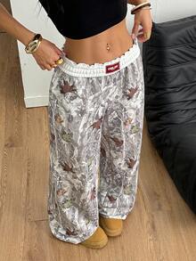 Coolane Kvinnors trädgrenmönster Wide Leg Casual Byxor - Vitt - Visa 4