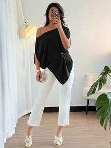 Rafferiza 优雅、日常休闲百搭，性感斜肩设计，不对称剪裁，落肩袖，腰部褶裥，绿色女士春夏上衣，衬衫，不对称肩部上衣 - 黑色 - 查看 6