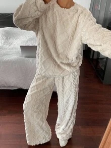 DAZY 女士加厚抓绒宽松蓬松睡衣套装，秋冬服装，舒适保暖 - 卡其色 - 查看 4