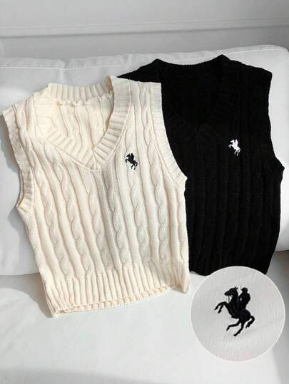 Comfortcana Women's Casual Versatile Embroidered Detail Knit Vest,Fall