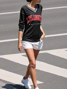 SHEIN MOOSTA Letter Graphic Drop Shoulder Tee Graphic Tees Women Tops - Black - View 3