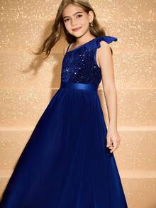 Girls' Sequin One Shoulder Big Bow Long Dress, Suitable For Wedding, Prom, Birthday Party, Back To School, Graduation, Christmas, Halloween Fall Winter - Blue - View 1