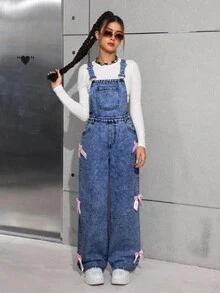 SHEIN 少女牛仔背带裤和连体裤，阔腿工装裤，粉色蝴蝶结牛仔裤，少女工装裤，女式牛仔工装裤，蝴蝶结工装裤 - 深色水洗藍 - 查看 6