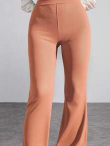 EURMUSE High Waist Ribbed Knit Long Pants - Pink - View 3