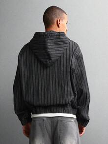 SUMWON Áo khoác denim kẻ sọc cotton có mũ trùm đầu có khóa kéo phong cách đường phố hiện đại, lấy cảm hứng từ phong cách cổ điển, áo khoác ngoài thường ngày, thời trang thu đông - màu đen - Xem 2