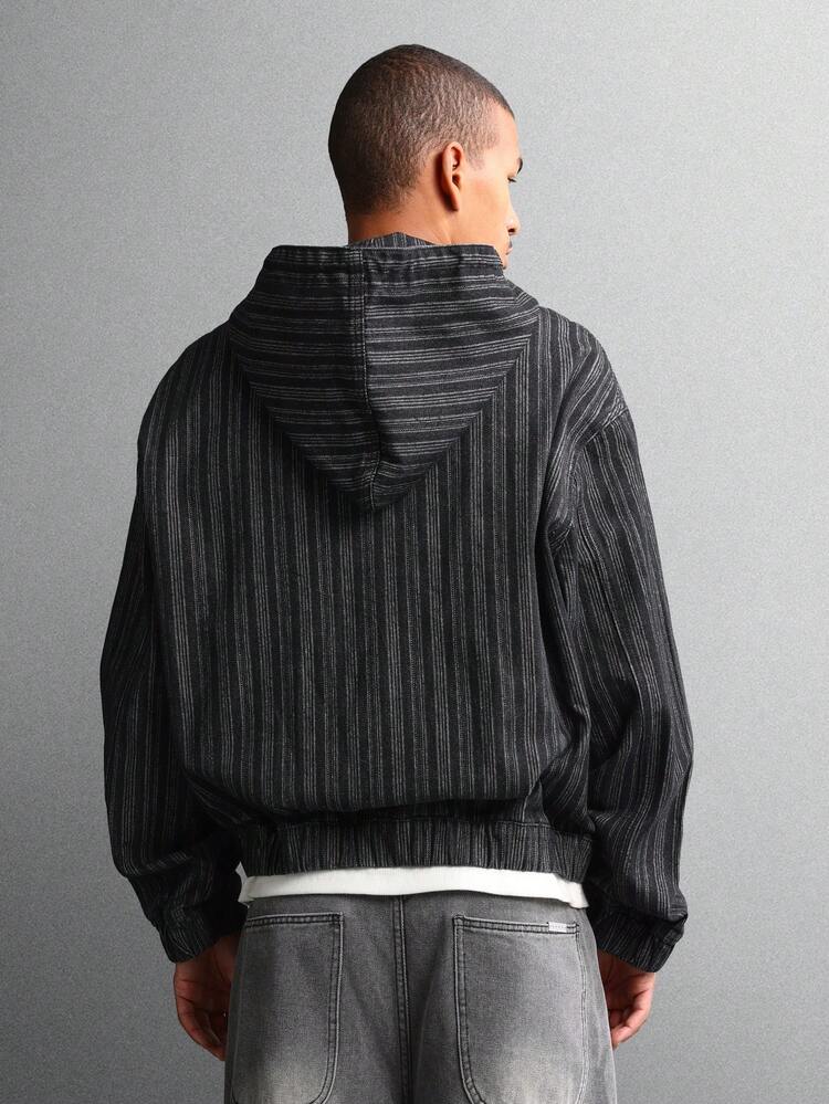 Striped Denim Zip Up Hoodie Jacket With Drawstrings