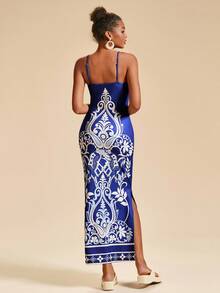 Travachic Women's Royal Blue And Floral V Neck Fitted Camisole Maxi Dress, Summer Boho Holiday Vacation, Luxury Elegant Wedding Guest Prom Outfits - Blue - View 2
