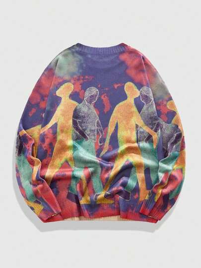 Street Life Suéter de cuello redondo de manga larga con estampado de figura humana colorida para hombre