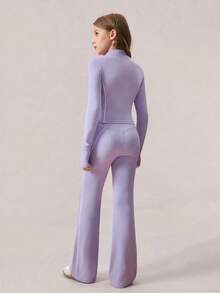 SHEIN Bộ trang phục 2 món cho bé gái tuổi teen - Áo khoác thể thao kẻ sọc tương phản màu trơn và quần ống loe ôm, Trang phục thể thao dự tiệc thời trang thường ngày phong cách học sinh, Bộ đồ màu oải hương - Màu tím hoa cà - Xem 2