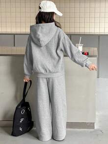 Dazy Kids 2pcs/Set Tween Girls Hooded Fleece Sweatshirt And Pants Set, Autumn/Winter - Grey - View 6