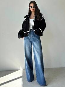 Firerie Abrigo elegante de manga larga con falso pelo y contraste de color para mujer