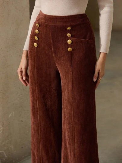 Aveloria Rosie Vintage Double-Breasted Design Chenille Pocket Straight-Leg Pants, For Autumn/Winter