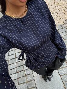 Siren Gaze Damen elegantes Pendler-Slim-Fit-Hemd mit seitlicher Bindung, Langarm-Lässig-Shirt, Rundhals-Langarm-Gestreiftes Oberteil, Pendler-Bürokleidung, elegante Damenblusen, Herbstkleidung für Damen, marineblau gestreiftes Hemd, neue Slim-Fit-Langarm-Bluse für den Ausgang, für den täglichen Gebrauch