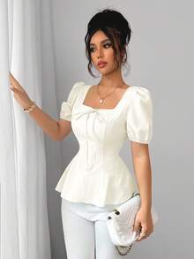 Elenzga 新款时尚百搭法式蝴蝶结灯笼袖优雅提花面料女式衬衫 - 杏色 - 查看 4