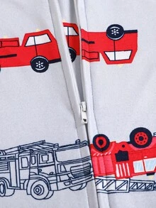 SHEIN Bộ đồ ngủ liền thân dài tay in hình xe cứu hỏa dễ thương cho bé trai, mùa xuân/hè - Đỏ - Xem 4