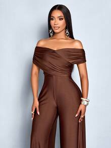 SOLERSUN 女士优雅纯色十字交叉褶饰露肩连体裤 - 咖啡棕 - 查看 6