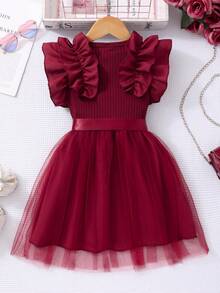 Glamorique Kids 少女盖袖罗纹网眼圆领夏季公主休闲连衣裙（配腰带） - 酒紅色 - 查看 2