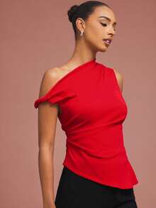 L'Amorae Women's Elegant Solid Color Asymmetric Top, Summer - Red - View 1